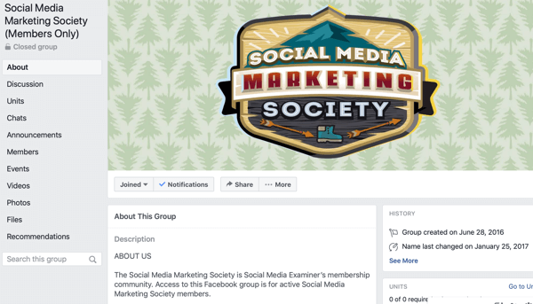 Hur man använder Facebook Groups-funktioner, exempel på Facebook-gruppsida för Social Media Marketing Society
