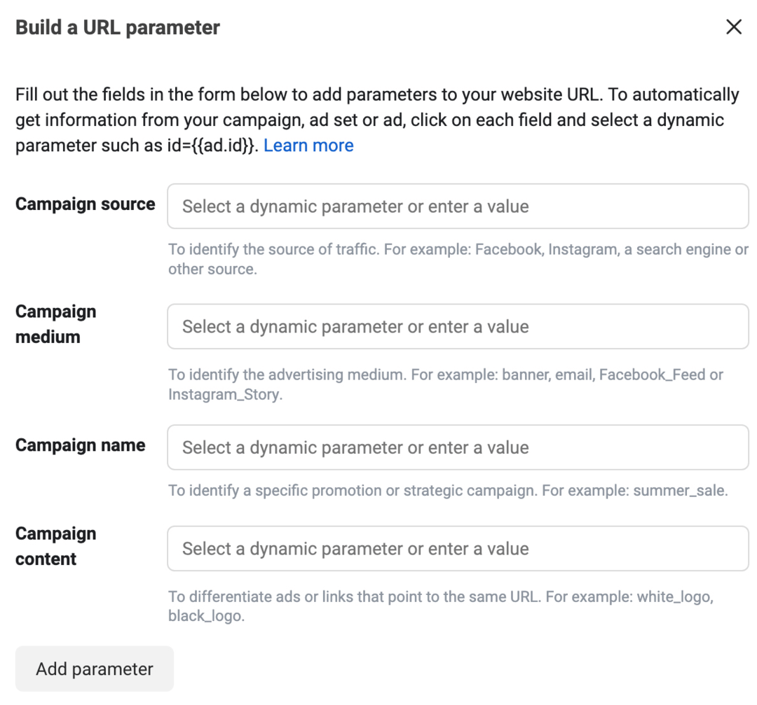 bild av rutan Bygg en URL-parameter i Ads Manager