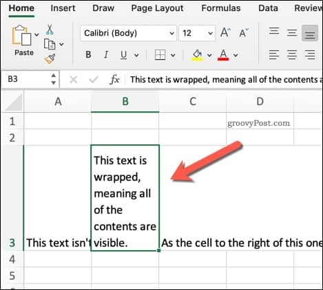 Exempel på inslagen text i Excel