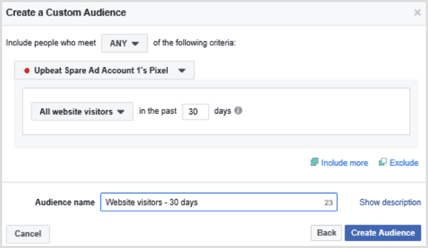Välj alternativ för att skapa en anpassad Facebook-publik för alla webbplatsbesökare under de senaste 30 dagarna