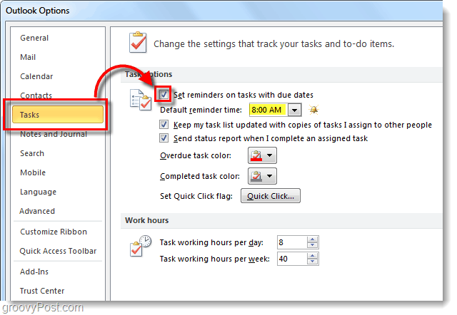 Hur du ställer in standarduppgiftspåminnelser för Outlook 2010