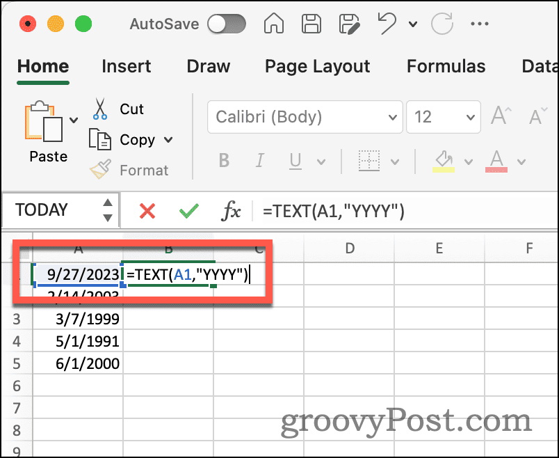 Excel-textfunktion för att extrahera år från datum