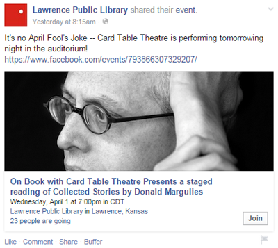 Lawrence offentliga bibliotek evenemang facebook post