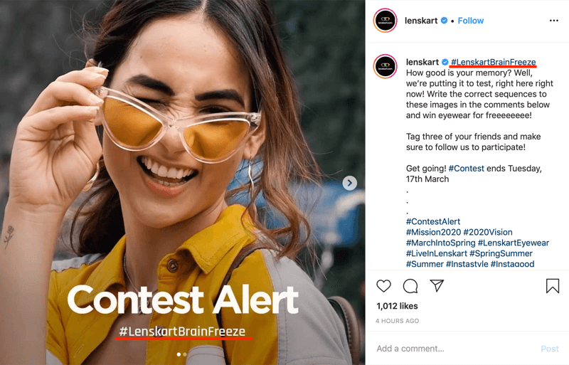exempel på Instagram-tävlingsinlägg som innehåller hashtag med märke i bild och bildtext