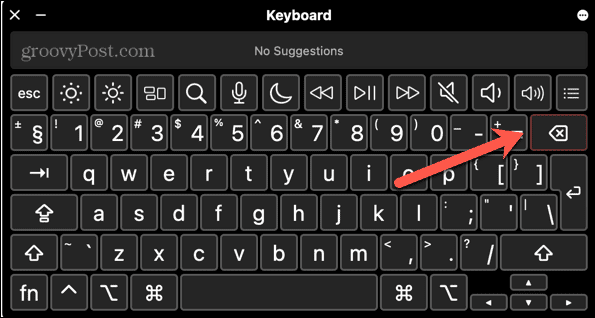 mac delete-tangent markerad på virtuellt tangentbord