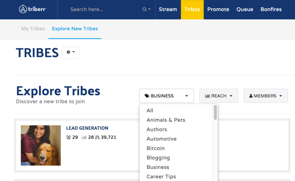 Gå till fliken Tribes för att söka efter stammar att gå med i Triberr.