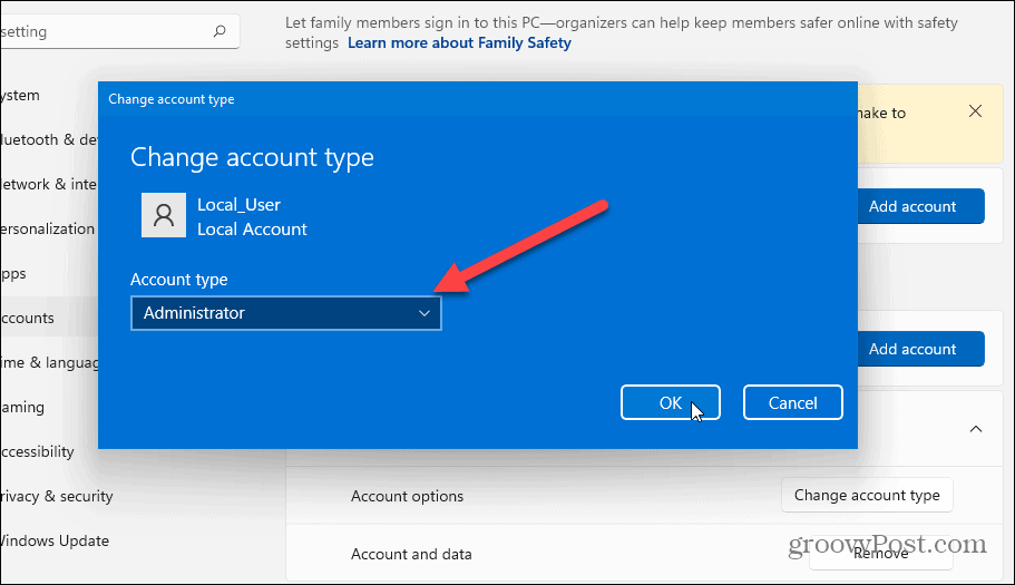 ändra kontotyp Windows 10