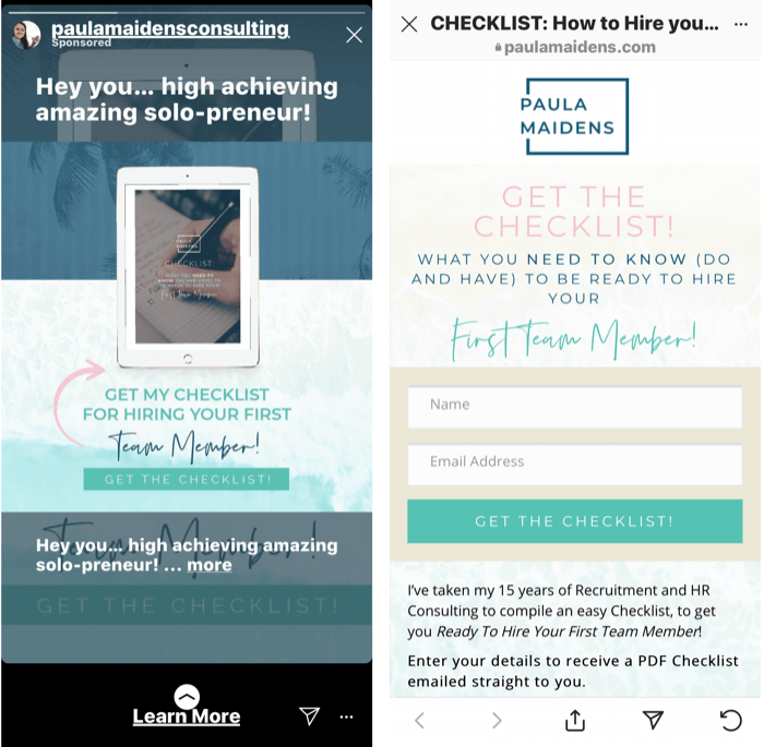 skärmdump av en Instagram Stories-annons som erbjuder en gratis checklista för att anställa din första teamchef