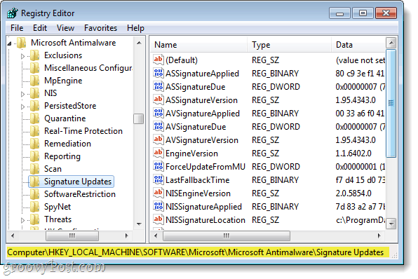 hitta rätt registernyckel i Windows 7 regedit