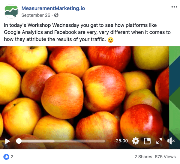 Detta är en skärmdump av ett Facebook-inlägg från MeasurementMarking.io-sidan. Inlägget visar också en video som marknadsför Chris Mercers Workshop onsdagar blymagnet. Användare som tittar på eller klickar på videon kan ha fullgjort ett medvetenhetsmål.