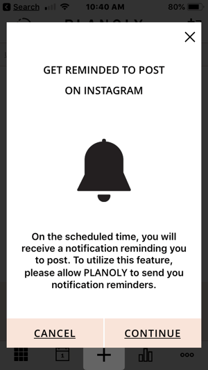 Planoly-appen skickar en påminnelse när det är dags att posta.