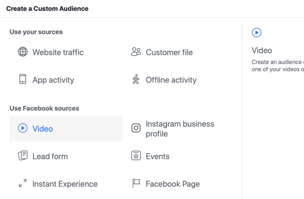 Hur du marknadsför ditt liveevenemang på Facebook, steg 8, skapa anpassad målgrupp i Facebook Ads Manager baserat på videovisningar