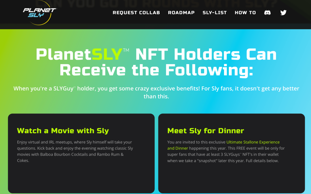 bild av PlanetSly-webbplatsen som förklarar fördelarna för SLYGuy NFT-hållare