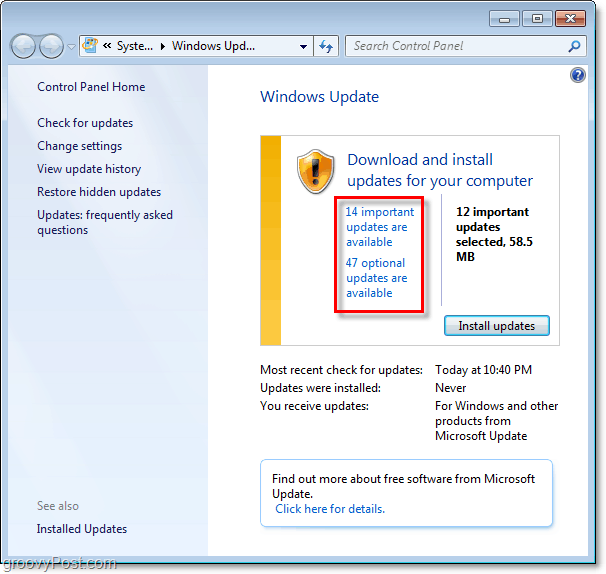 Windows 7 - Skärmbild för Windows Update Page
