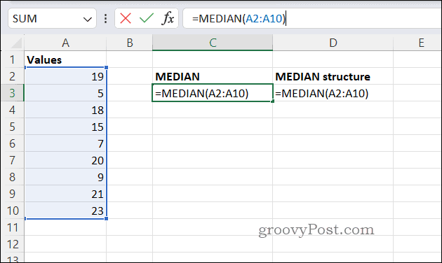 Exempel MEDIAN-formel i Excel