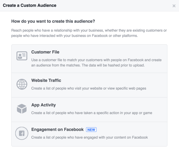 Välj hur du vill skapa din anpassade publik på Facebook.