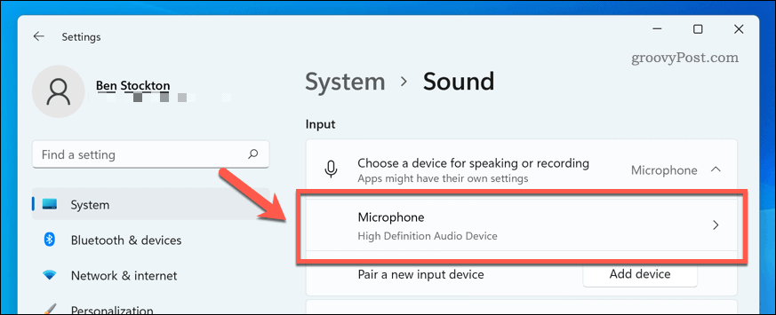 Öppna mikrofonenheten i Windows 11 ljudinställningar