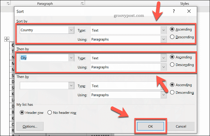 Alternativ för att sortera en tabell i Word