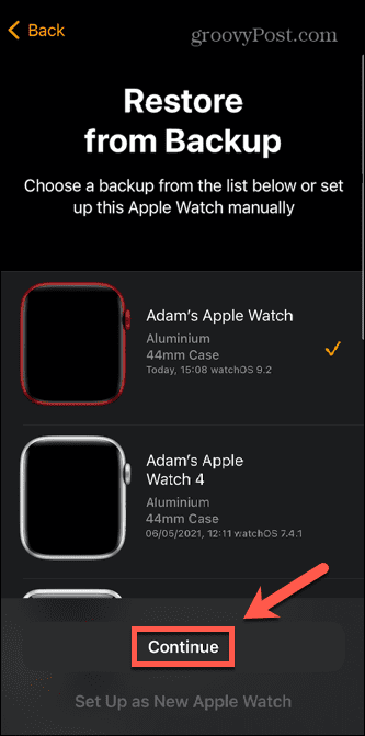 Apple Watch välj backup