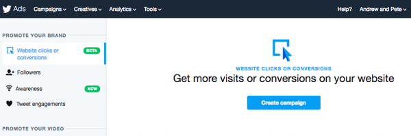 Välj alternativet Webbklick eller konverteringar för att ställa in din Twitter-annons.