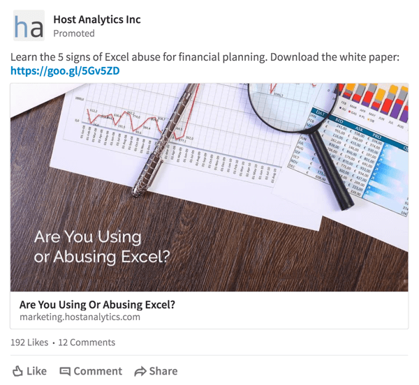 Host Analytics levererar ett erbjudande om nedladdning av vitbok till en riktad publik på LinkedIn.