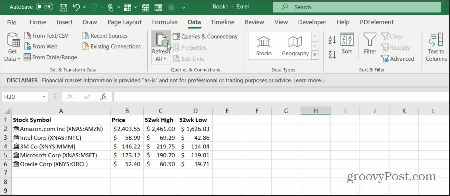 uppfriskande aktiedata i Excel