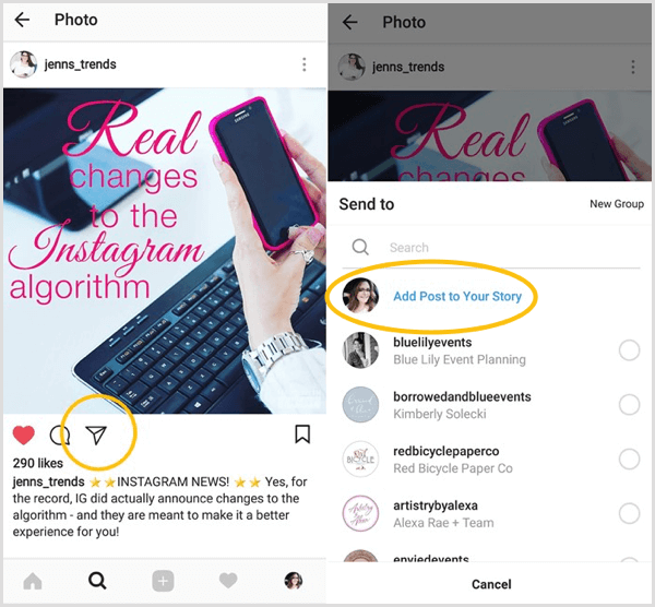 Leta efter alternativet Lägg till inlägg i din berättelse för att se om du har tillgång till Instagram-delningsfunktionen.