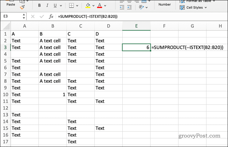 Använda SUMPRODUCT med ISTEXT i Excel