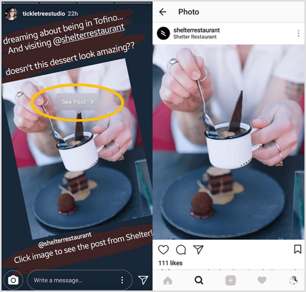 Tryck på ett nytt delat Instagram-inlägg och tryck sedan på Se inlägg-knappen för att gå direkt till det ursprungliga inlägget från den användaren.