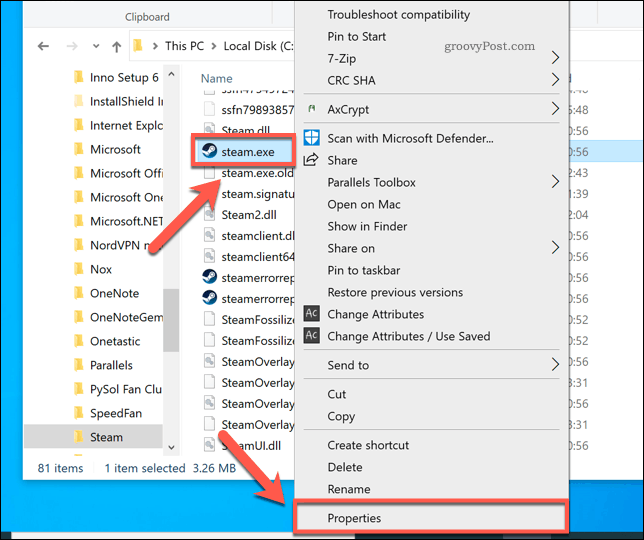 Åtkomst till Steam-egenskaper i Windows File Explorer