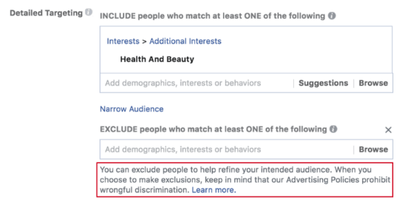 Facebook rullade ut nya uppmaningar som påminner annonsörer om Facebooks antidiskrimineringspolicy innan de skapar en annonskampanj och när de använder dess uteslutningsverktyg.