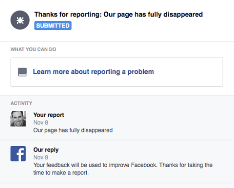 rapporterar saknad Facebook-sida