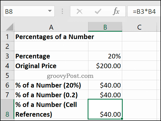 Procentsatser av ett nummer, visas i Microsoft Excel
