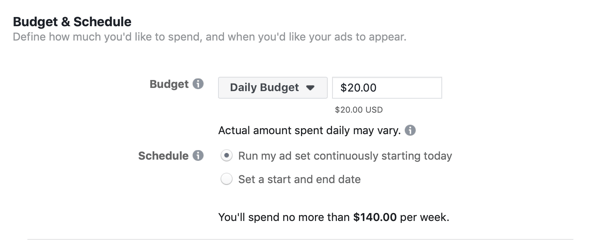 Facebook Ads Manager, Budget & Schema avsnitt för annonsuppsättning