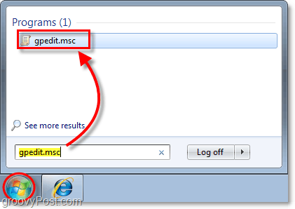 skriv gpedit.msc i Aktivitetsfältet i Windows 7, det här gör du för att komma åt den lokala grupppolicyredigeraren i fönster 7