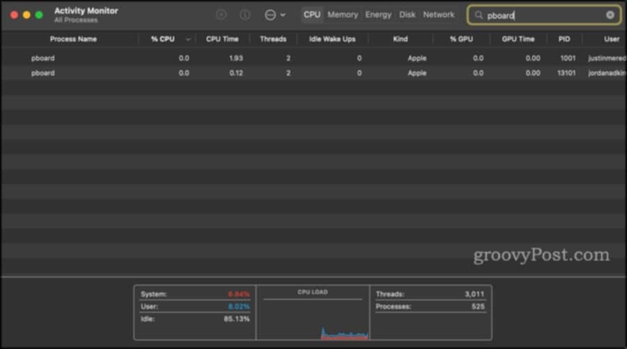 Hitta " pboard"-processen i Activity Monitor