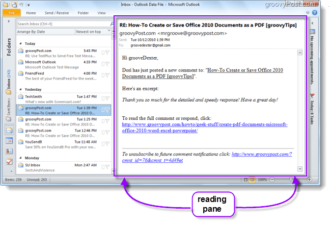 Så här ändrar du läsrutens läge i Outlook 2010 och gör det lättare att läsa e-postmeddelanden