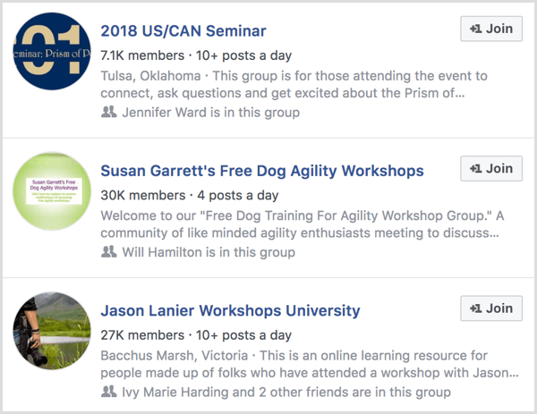 exempel på Facebook-grupper för deltagare i evenemanget