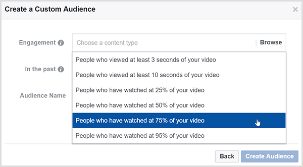 Dialogrutan Facebook Skapa en anpassad publik har alternativ för att rikta annonser till personer som tittade på en viss procentandel av din video.