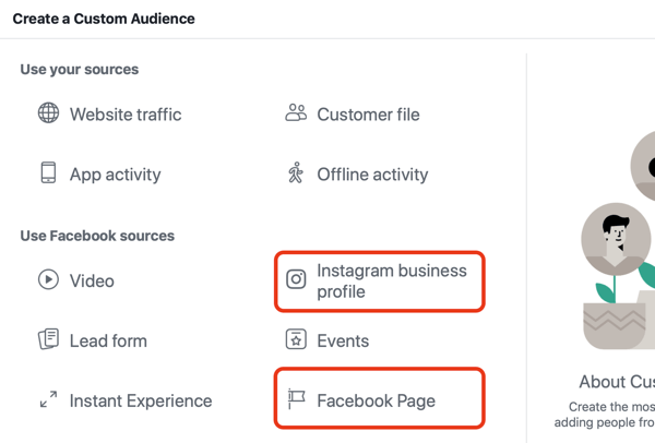 Använd Facebook-annonser för att annonsera för personer som besöker din Facebook-sida eller Instagram, steg 1.