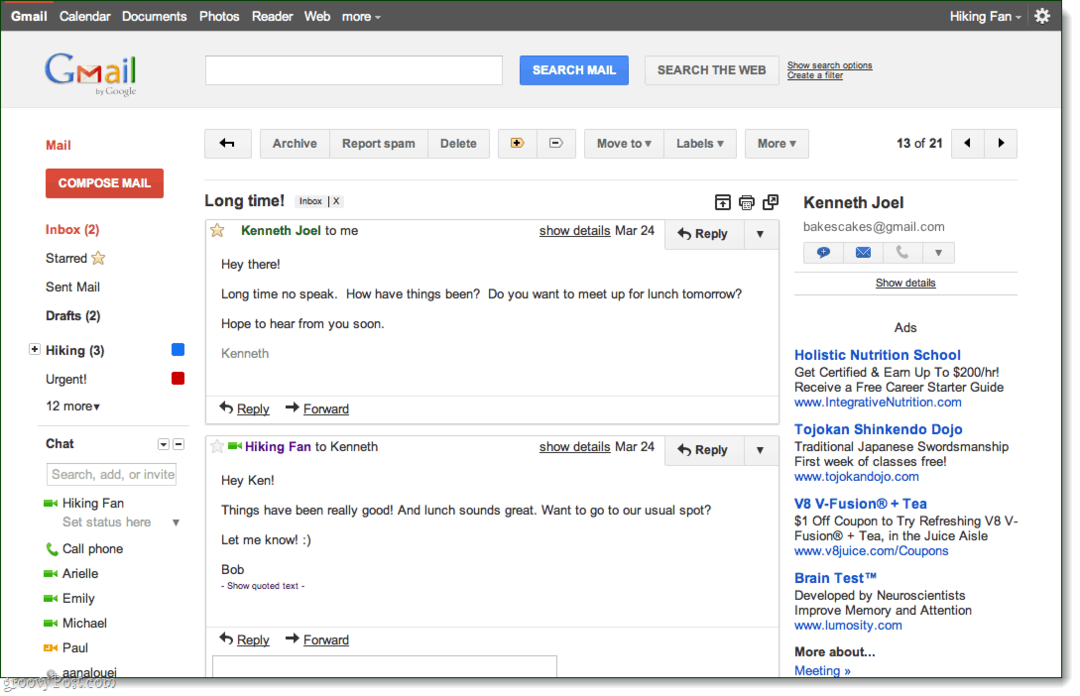 Förhandsgranskningssamtal för Gmail