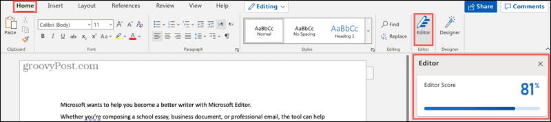 Microsoft Editor-knapp och sidofält i Word online