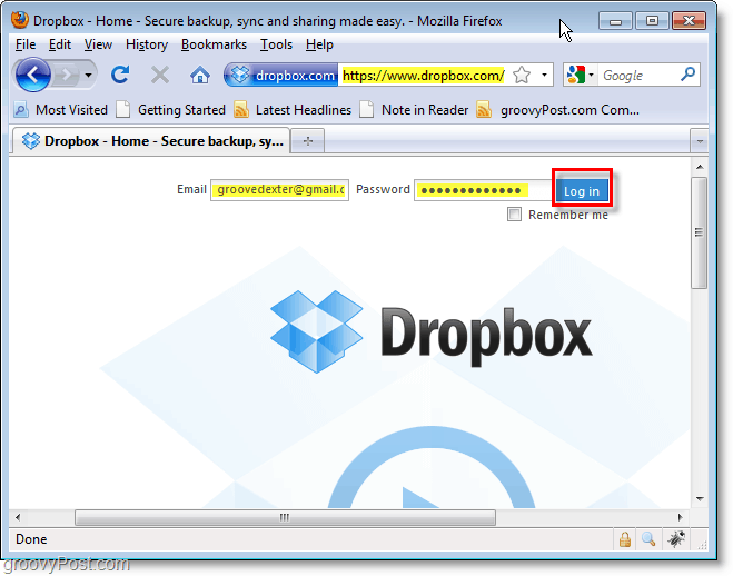 Dropbox-skärmdump - logga in på dropbox