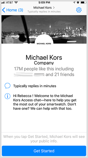 För att välja en Messenger-bot som den från Michael Kors, klickar användarna på Kom igång-knappen.