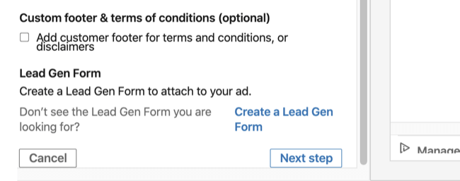 Alternativet Lead Gen Form i Basic Info-avsnittet i LinkedIn-konversationsannonsinstallationen