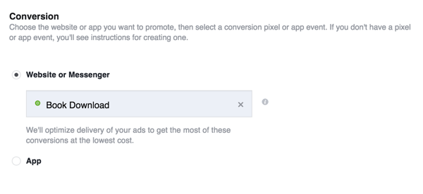 När du skapar din Facebook-annons väljer du konverteringsmålet och väljer den anpassade konverteringen du just skapade.