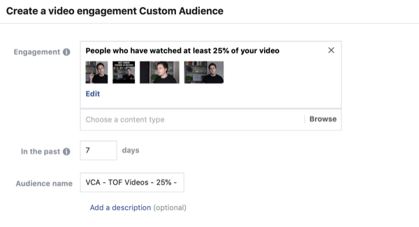 Skapa Facebook-anpassad publik för videotittare, steg 2.