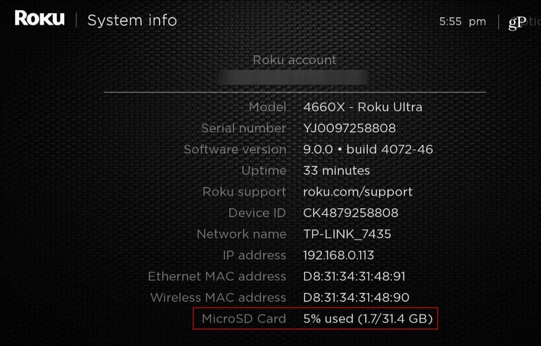 Roku_Ultra Systeminformation MicroSD-kort