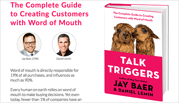 Detta är en skärmdump av webbplatsen Talk Triggers. Till vänster finns text om boken och foton av Jay Baer och Daniel Lemin. Till höger finns bokomslag för Talk Triggers.