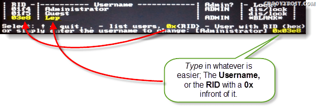 Välj!, sluta. - lista användare, 0x <RID> - Användare med RID (hex) eller ange helt enkelt användarnamnet för att ändra: [Administratör]